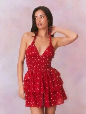 Love Shack Fancy Deanna *In Red* Cotton Halter Mini Dress Small